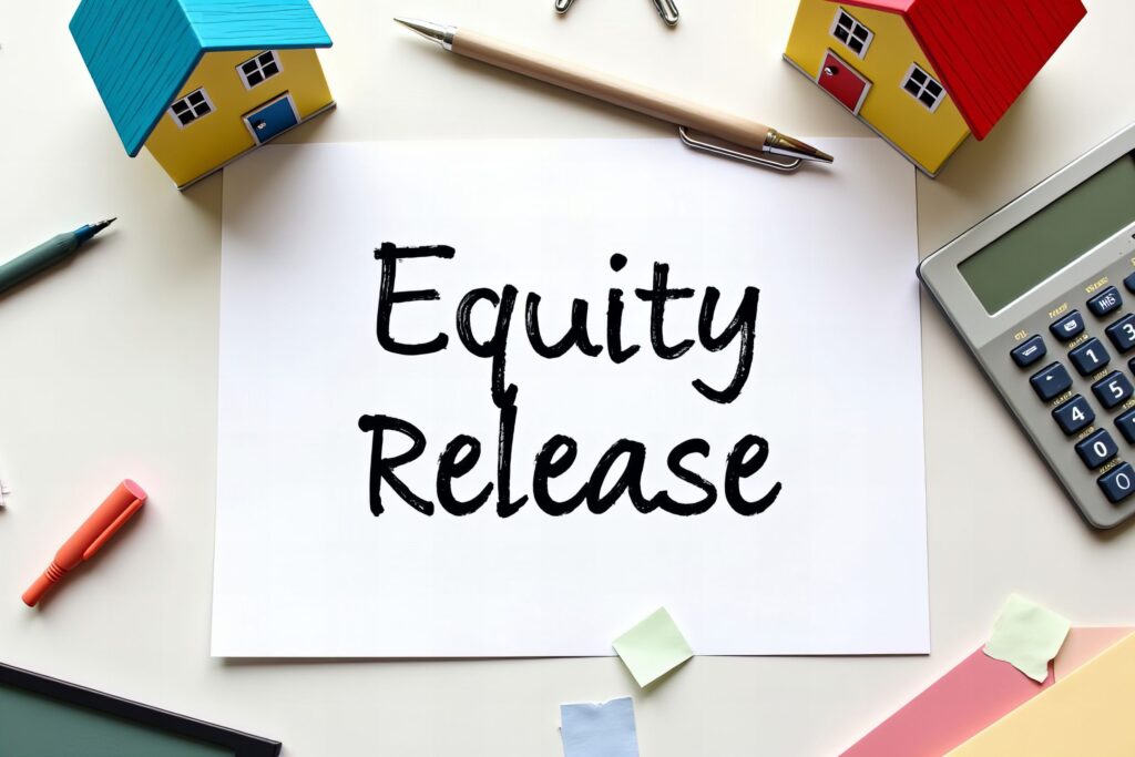 Sign reading "Equity Release" with calculator and model houses