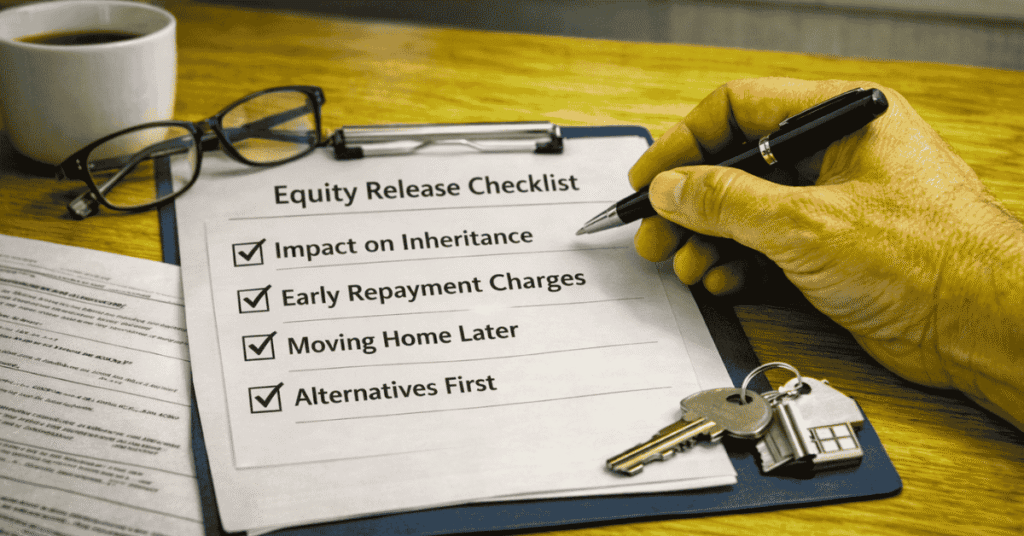 Equity release checklist with key considerations including inheritance, early repayment charges, moving home later and alternatives first.