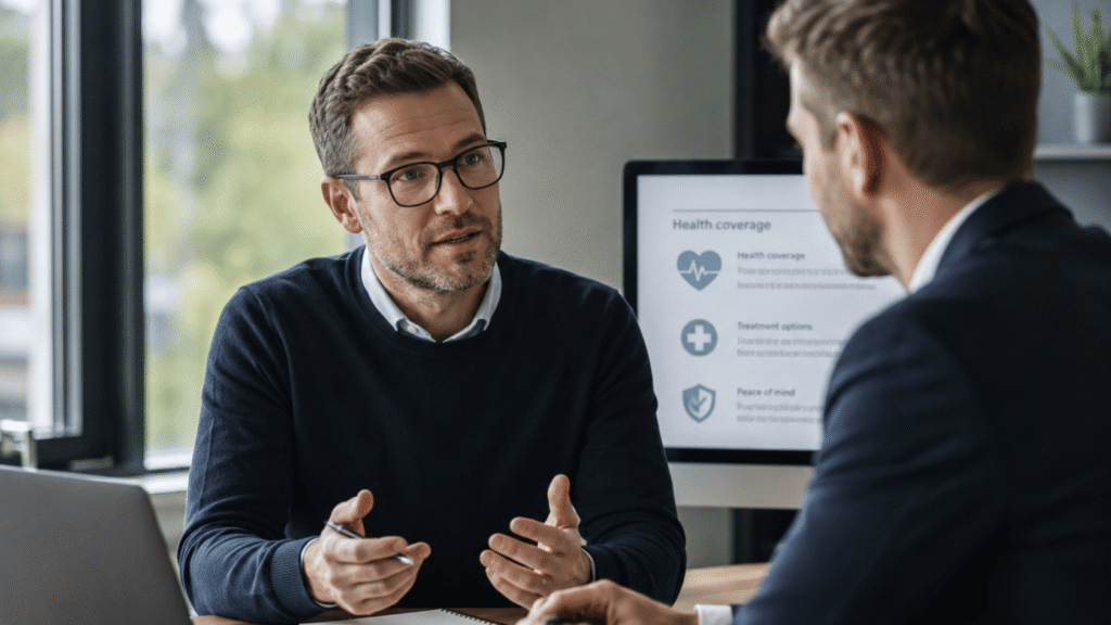 Business owner discussing private medical insurance cover with a financial adviser.