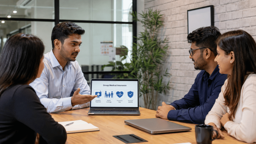 Business team discussing group private medical insurance in an office meeting.