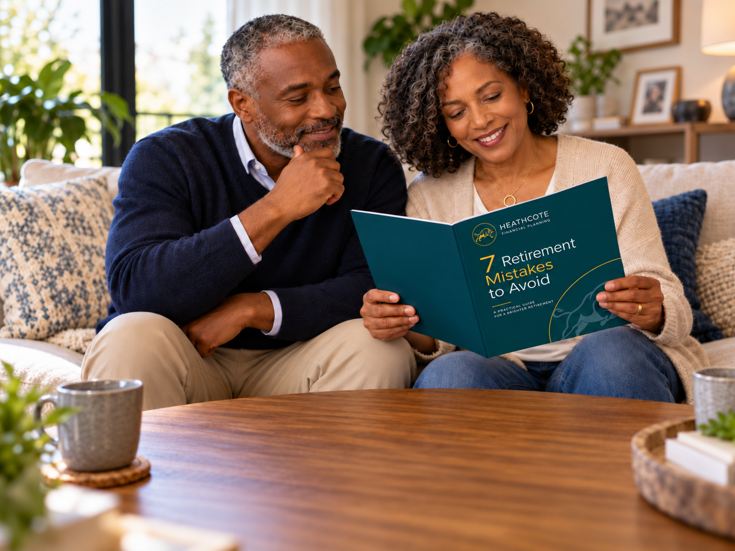 A couple reading the 7 Retirement Mistakes to Avoid guide together